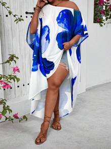 SHEIN VCAY Vestido de vacaciones asimétrico de un hombro y dobladillo para talla grande - azul real - Ver 1