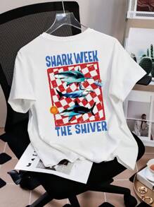 Shark Week X SHEIN Women's Shark & Letter Graphic Round Neck Short Sleeve T-Shirt - White - View 5