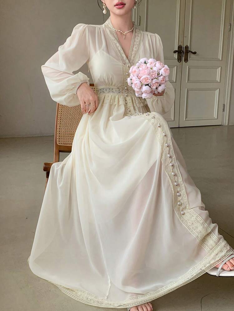 Moonlight Goddess! Delicate French Lace V-Neck Lantern Sleeve Dress, Elegant Minimalist Fall Gown Long Sleeve Dress Maxi Dress