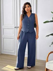 SHEIN Frenchy Elegancki i swobodny zestaw kamizelki, koszuli i spodni z prostymi nogawkami w dużym rozmiarze, 2 sztuki letniego stroju. Letnie stroje dla kobiet.