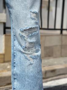 Manfinity Roghcode Men's Summer Distressed Denim Jeans With Pockets, Relaxed Fit - Light Wash - View 8