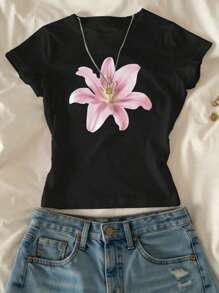 SHEIN Tween Girls' Fashion Lily Flower Print Tight Cropped Top, Casual Style Summer Tops - Black - View 1