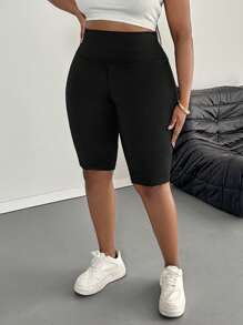 SHEIN PETITE CURVE Plus Size Women Plain Color Casual Basic Leggings, Suitable For Summer Short Leggings Mid-Thigh Shorts, Suitable For People Of Shorter Stature