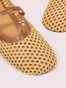 CUCCOO DOLLMOD Women's Fashion Apricot T-Strap Hollow-Out Woven Flat Shoes - Apricot - View 7