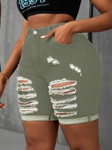 Slaydiva Plus Size Women Casual Street Style Elastic Ripped Denim Shorts, Autumn - Green - View 7