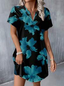 SHEIN LUNE Casual & Simple V-Neck Woven Short Floral Dress, Black Base With Blue Floral Prints, Suitable For Spring & Summer Vacation Dress