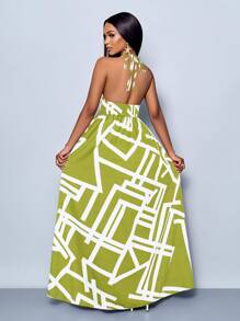 Women Casual Holiday Deep V Neck Backless Ruched Split Thigh Maxi Dress With Botanical Print