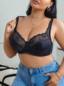 1pc Plus Size Supportive Wireless Lace Patchwork Comfortable Bra For Large Bust - Black - View 4