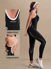 Eassivo Eassivo 黑色 & 白色露背吊带无缝运动连体裤 - 黑與白 - 查看 3