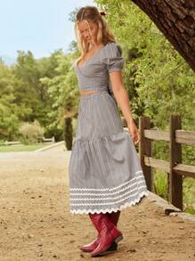 WESTFADE Váy midi xếp nếp họa tiết caro gingham thêu hoa phong cách miền Tây cao bồi cạp cao co giãn nhiều tầng viền gợn sóng Ric Rac Nashville Rodeo Kỳ nghỉ thường ngày dễ thương Boho - Nhiều màu - Xem 5