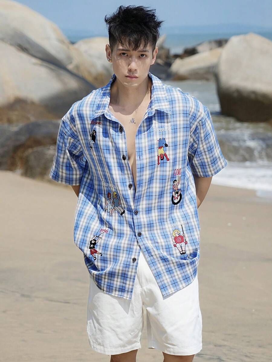 DAZY 男士夏季图案字母刺绣格子度假沙滩衬衫 - 藍色 - 查看 1
