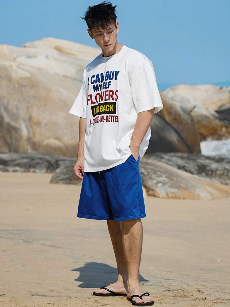 Summer Colorful Letter Print White T-Shirt & Blue Shorts 2-Piece Outfit, Beach Style Men Set