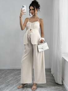 Momance Completo da donna in gravidanza composto da canottiera con bottoni frontali e pantaloncini, tinta unita