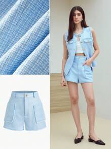 MOTF STUDIO DUAL POCKET FRINGE TRIM SHORTS - Blue - View 8
