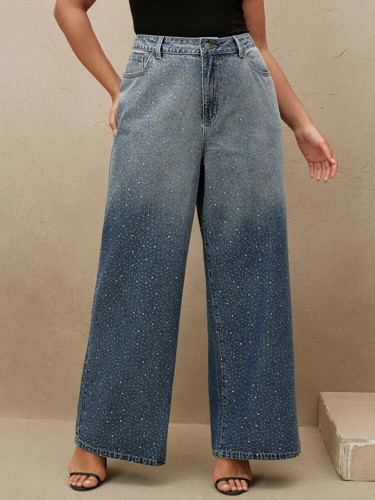 Plus Size Women's Rhinestone Embellished Blue Straight Leg Jeans