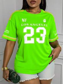 Maweii 大码女式圆领 23 数字和字母印花针织短袖 T 恤，运动休闲风格 - 彩色 - 查看 4