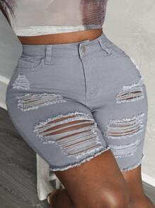 Slaydiva Quần short denim thường ngày viền thô rách có túi cỡ lớn dành cho nữ - Màu Xám nhạt - Xem 5