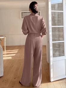 DAZY 2pcs Set Women Solid Color Pocket Loose Shirt And Wide Leg Pants,Fall Women Clothes Lounge Sets For Women - Pink - View 2