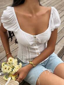 Comfortcana 短袖白色V领花卉撞色饰边衬衫，夏季