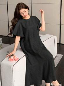 DAZY Plain Crew Neck Ruffle Hem Mid-Length Dress For Women - Black - View 4
