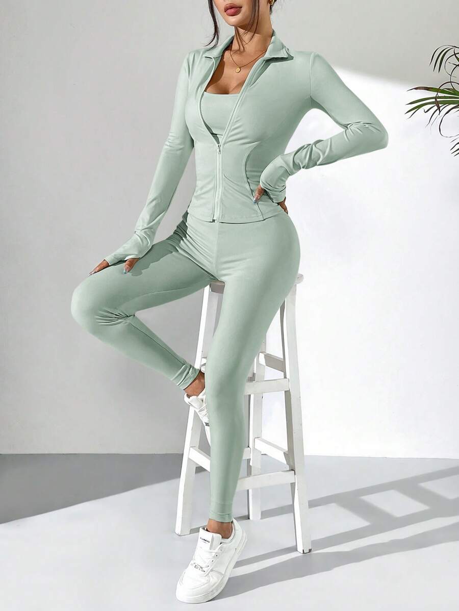 SHEIN EZwear 薄荷绿女士针织长袖夹克、背心和紧身裤运动套装 - 薄荷綠 - 查看 1