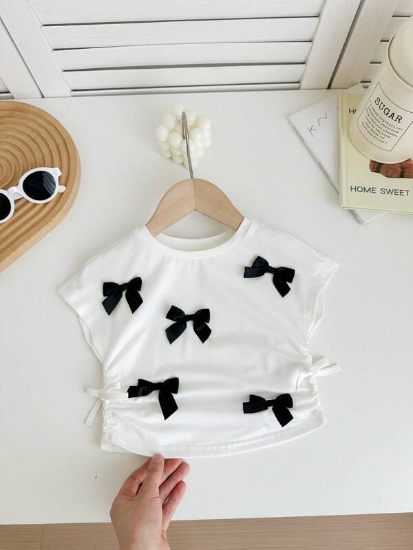 SHEIN LMoss Kids Babygirl 可爱休闲百搭针织白色蝴蝶结短袖衬衫，夏季