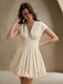 Anewsta 女士梭织时尚印花酒红色花卉无袖泡泡迷你优雅连衣裙优雅、夏日节日、优雅、假日、度假、休闲 - 黃色 - 查看 8