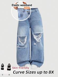 SHEIN CURVE+ Quần Jeans Denim Ống Thẳng Xanh Dương Cỡ Lớn Thường Ngày, Cong Cỡ Lớn, Kỳ Nghỉ Hoho - Rửa nhẹ - Xem 1