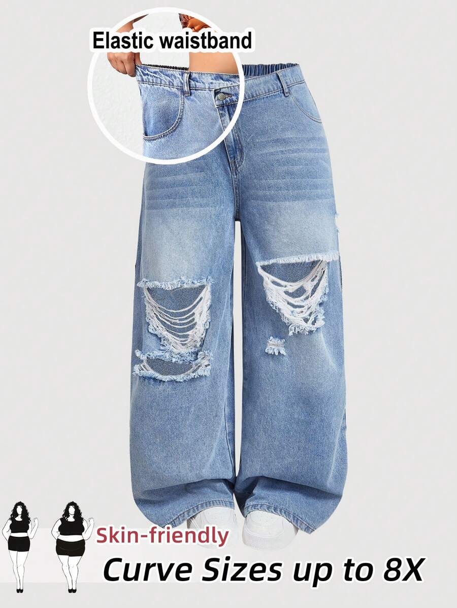 SHEIN CURVE+ Quần Jeans Denim Ống Thẳng Xanh Dương Cỡ Lớn Thường Ngày, Cong Cỡ Lớn, Kỳ Nghỉ Hoho - Rửa nhẹ - Xem 1