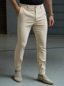 Manfinity BRENVOR Men's Casual Woven Loose Fit Solid Color Elastic Waist Straight Leg Pants, Daily Young Wear