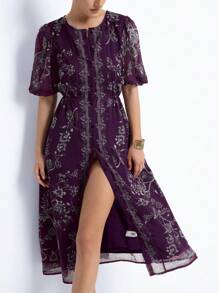Aveloria Modichic Vestido de manga abullonada de estilo retro, cuello redondo, abotonadura sencilla, estampado de gasa - Morado - Ver 4