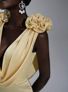 Elitara Elegant Champagne Gold Spring Satin Floral Sculptural Shoulders Draped Neck Backless Fishtail Dress,Formal Event Prom Wedding Bridesmaid Graduation - Yellow - View 4