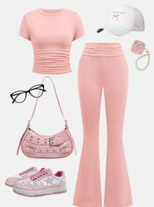SHEIN Conjunto casual a juego para adolescentes de unicolor, con camiseta con volantes y pantalones con pierna acampanada - Rosa - Ver 1