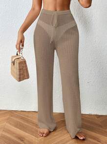 SHEIN Swim Pantalon couvre-tout pour femmes de couleur unie, avec design à lacets et à découpe ajourée