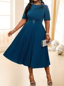 Fleurora  Spring And Summer Casual Blue Elegant Boho Knitted Round Neck Flared Flounce Sleeve Flounce Pleated Midi Short Sleeve Plus Size Dresses Vacation Outfits Woman Beach Outfits For Woman Vacation Vacation Outfits Women Beach Vacation Outfits Beach Wedding Guest Dress Sundress Spring Outfits For Women - Blue - View 3