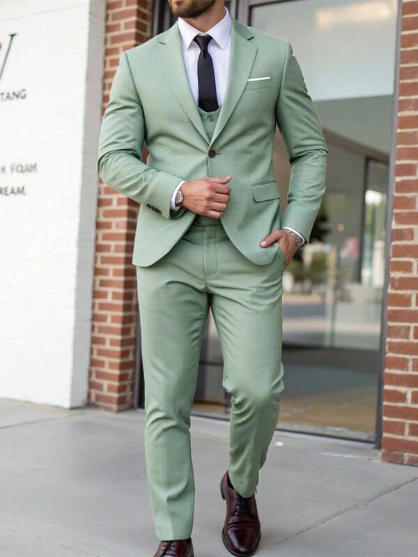 Manfinity Homme Plus Size Men Solid Lapel Neck Long Sleeve Blazer And Pants Business Travel Set