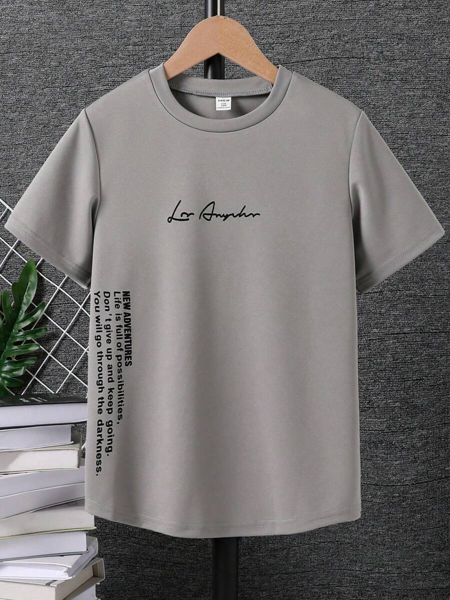 SHEIN 青少年男童休闲标语印花短袖T恤，夏季 - 灰色 - 查看 1