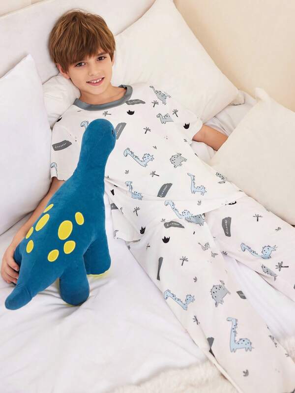 SHEIN Tween Jungen 2 Stücke Pyjama-Set mit Cartoon-Dinosaurier-Aufdruck, kurzärmeliges Oberteil und lange Hose