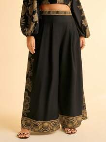 CAJUNI Plus Size Boho Vintage Resort Casual Ocean Print Loose Wide Leg Pants - Multicolor - View 1