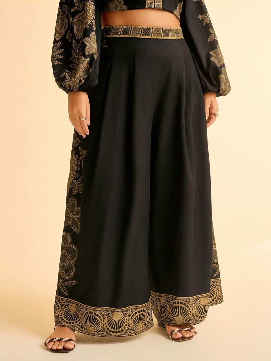CAJUNI Plus Size Boho Vintage Resort Casual Ocean Print Loose Wide Leg Pants - Multicolor - View 1