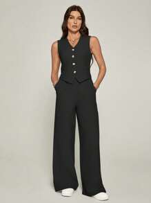 SHEIN Tall Women's Summer Casual Solid Color Tank Top And Pants Set - Black - View 1