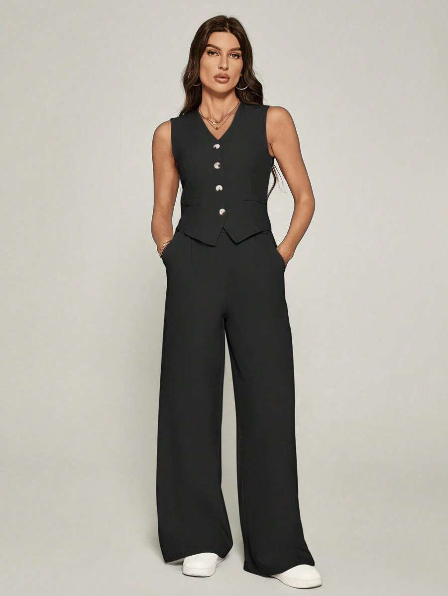 SHEIN Tall Women's Summer Casual Solid Color Tank Top And Pants Set - Black - View 1