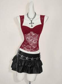 SHEIN ICON 女式蕾丝后背系带开衩性感时尚背心 - 酒紅色 - 查看 5