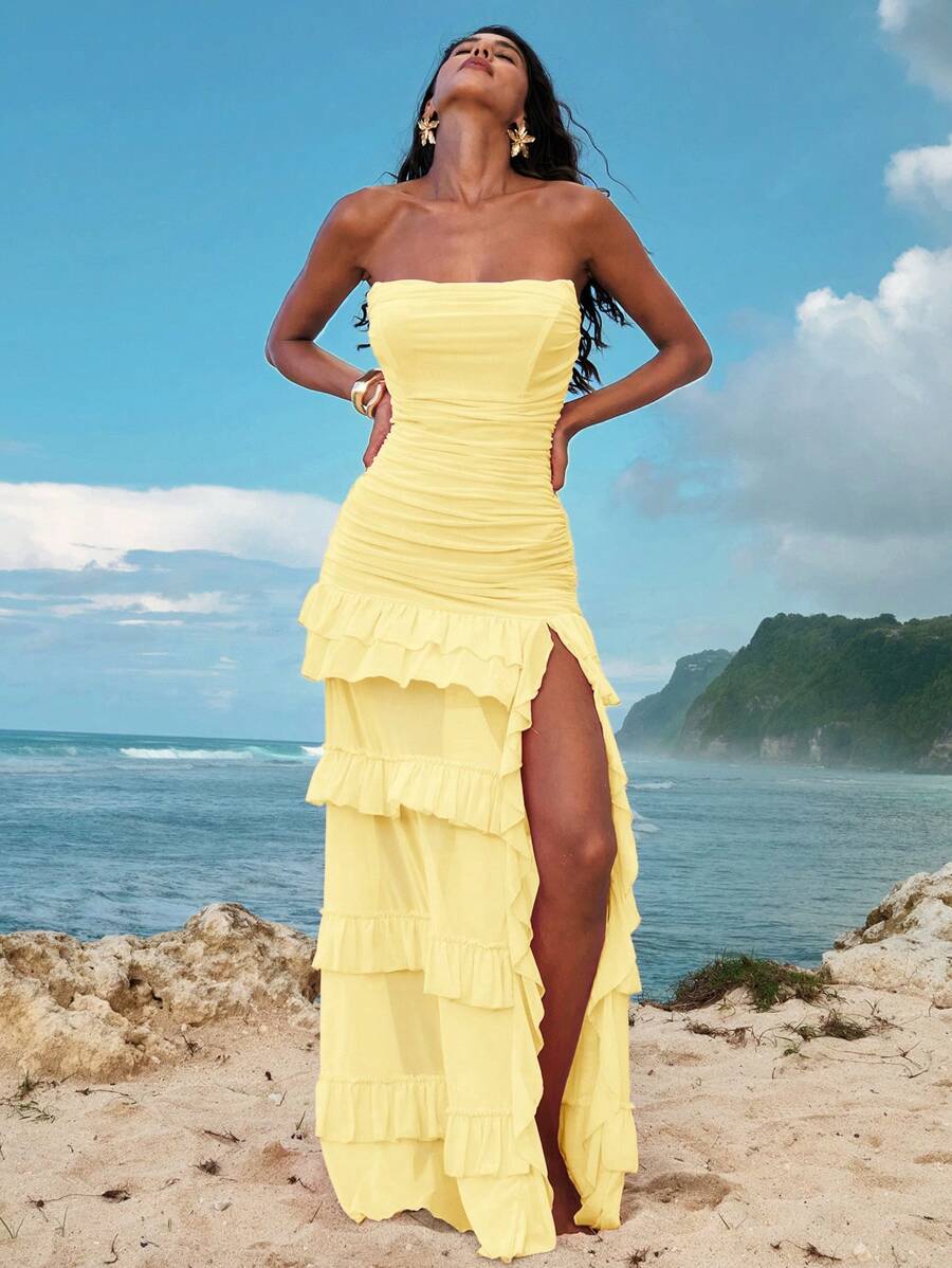 Opulessa 女式纯色针织分层荷叶边开衩修身黄色连衣裙 - 淡黃色 - 查看 1