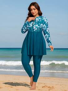 Swim Mulvari Plus Size Women 2 Pieces Long Modest Floral Print Dress With Zipper Front Pullover, Casual Vacation Swimwear, Cover Up Burkinis For Summer