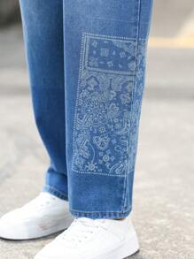 Manfinity Homme Men's Summer Daily Casual Pocket Washed S Baggy Jeans With Design - Blue - View 5