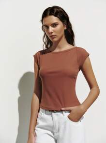 Lumivelle 1 pièce T-shirt décontracté à manches à volants et encolure dégagée pour femmes, top basique d'été