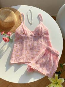 Comfortcana Women's 2pcs/Set Summer Vacation Textured Floral Print Camisole Top And Shorts Set
