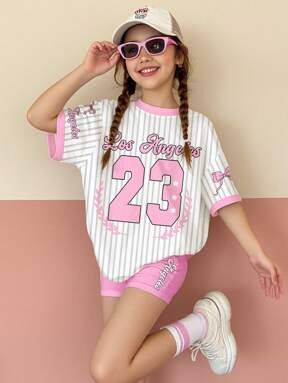 SHEIN Tween-Mädchen Lässiges, lockeres Set mit Schleife und gestreiftem Buchstabendruck, leuchtend rosa Ballerina-Grafik, Rundhalsausschnitt, kurzärmeliges T-Shirt und Shorts, Sommer
