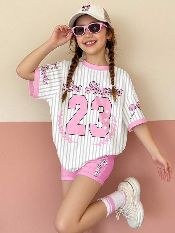 SHEIN Conjunto informal suelto para niñas preadolescentes: Camiseta de manga corta con cuello redondo y gráfico de bailarina rosa brillante con estampado de lazo y rayas, y pantalones cortos, para el verano
